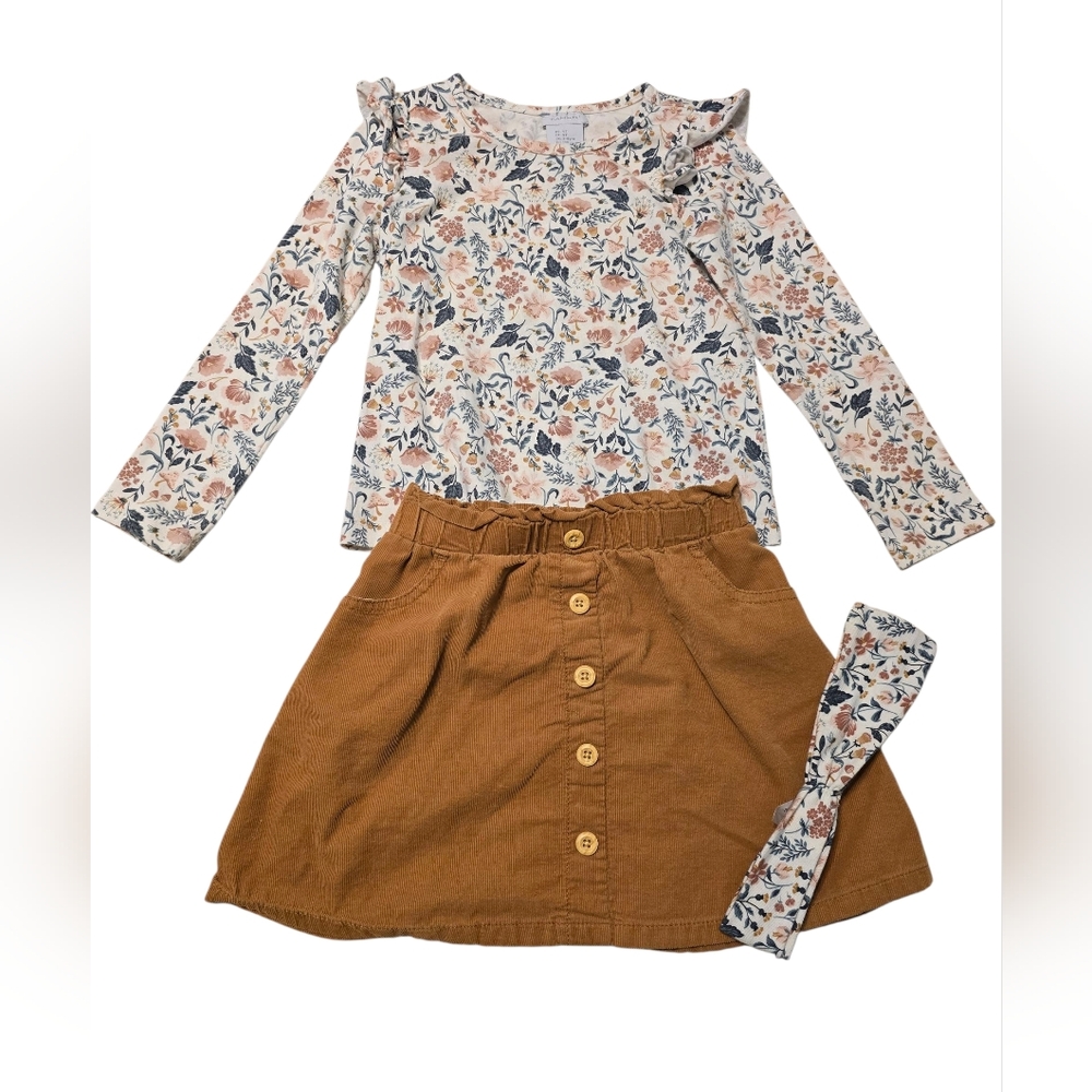 Tahari Floral Top and Tan Skirt Set